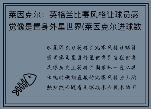 莱因克尔：英格兰比赛风格让球员感觉像是置身外星世界(莱因克尔进球数)