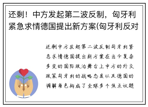 还剩！中方发起第二波反制，匈牙利紧急求情德国提出新方案(匈牙利反对派称若当选将终止中资计划)
